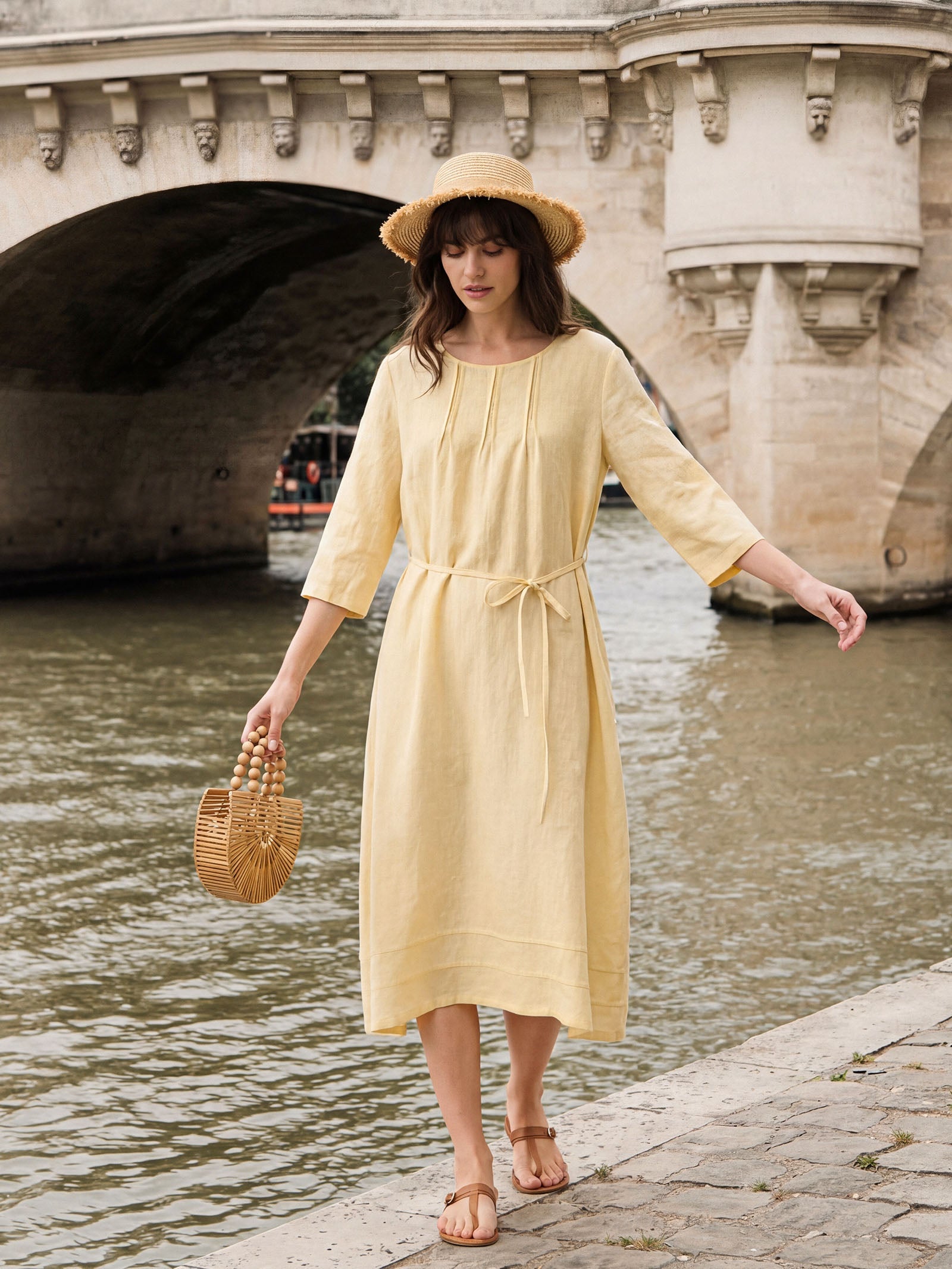 100% Linen Pintucked Embroidered Adjustable Belt Tiered Maxi Dres VERENA