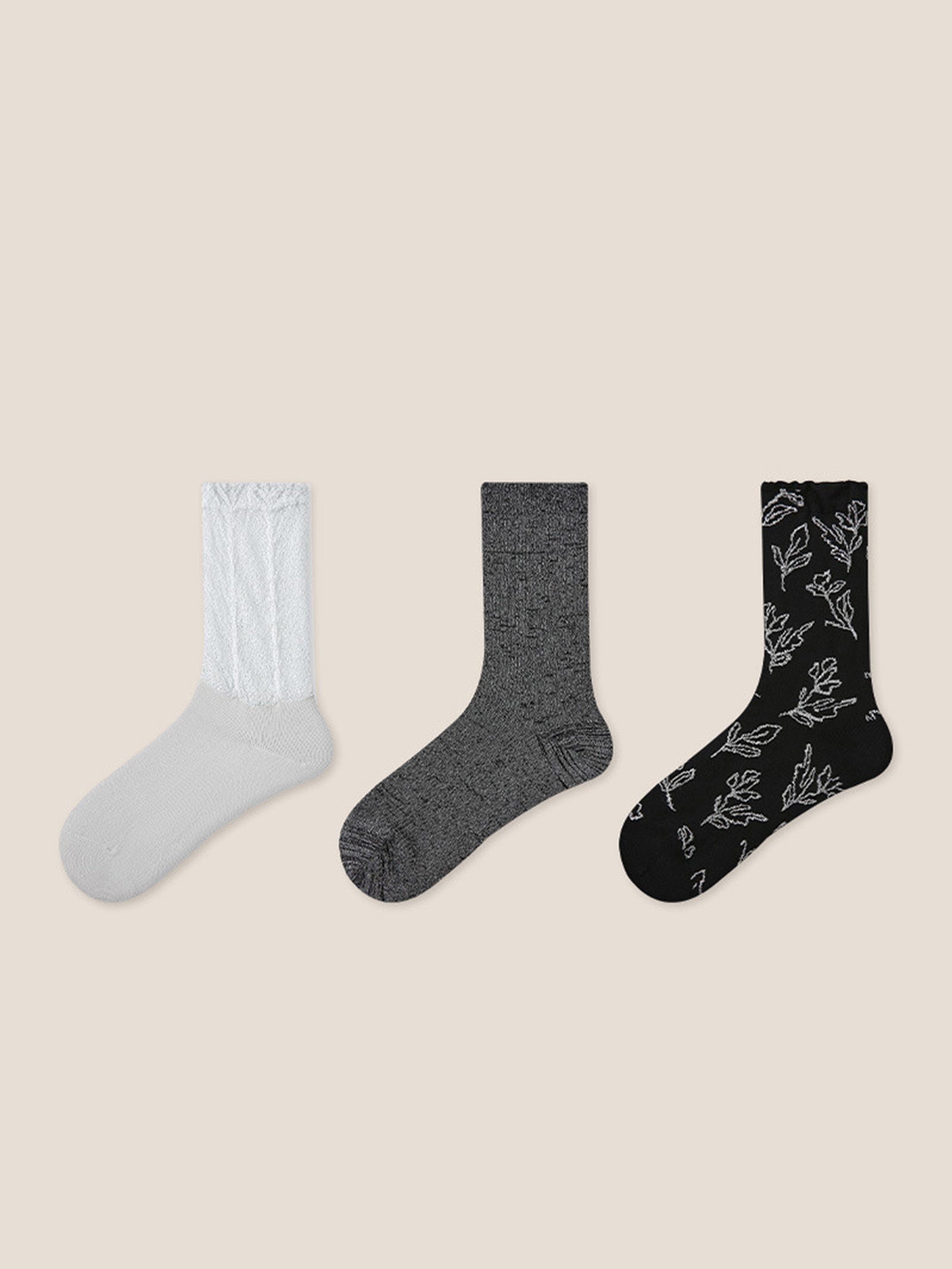 Long-Staple Cotton 3-Pair Floral Embossed Slouch Mid-Calf Sock Set