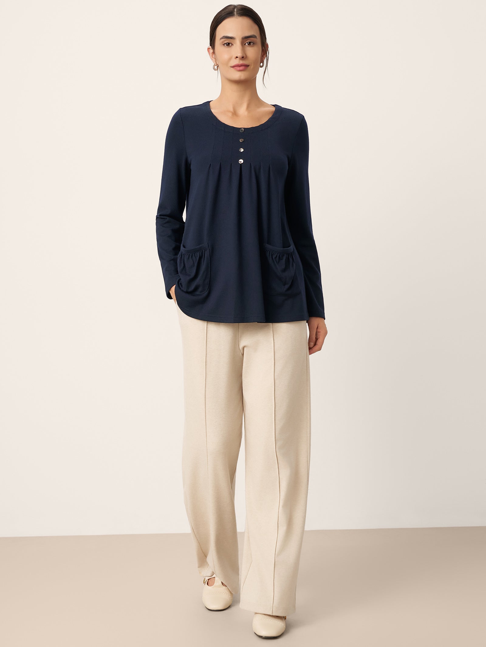 Wool Pleated Front Long Sleeve Top IVA